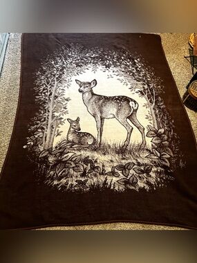 Vintage Cobija San Marcos Deer and Fawn Blanket 74" x 57" Brown Tan Throw